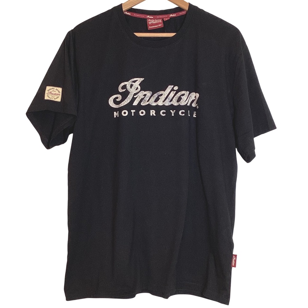 Genuine Indian Motorcycle T-Shirt Black Graphic Logos Cotton - NWOT Large